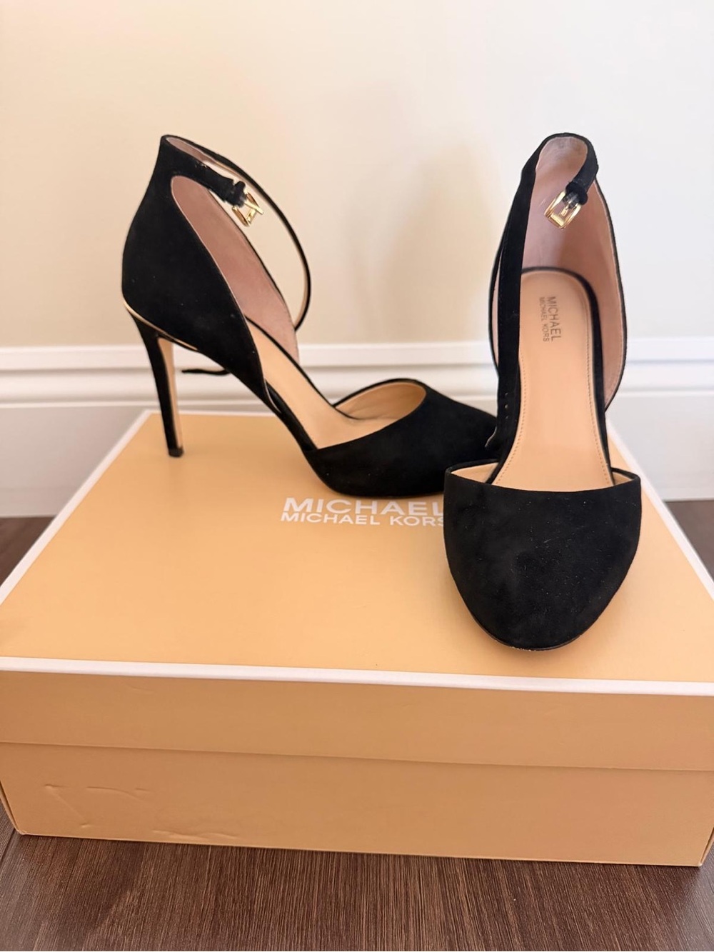 Michael Kors Black Suede Stiletto Heel Sandals with Gold Accent